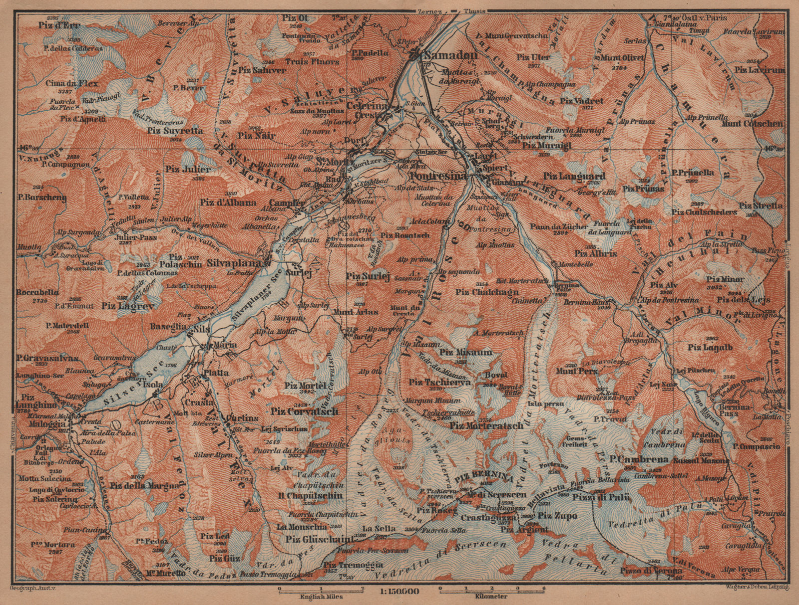 UPPER ENGADINE. St Moritz Celerina Pontresina Sils-Maria Bernina Range 1905 map